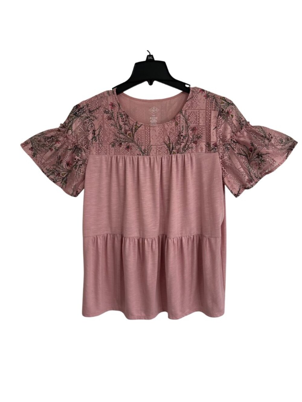 St. Johns Bay Womens Pink Lace Floral Yoke Flutter Sleeve Tunic XL Cottagecore - Picture 2 of 8